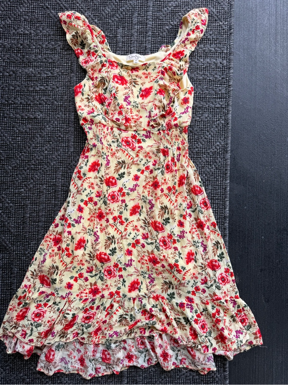 Jessica Simpson Yellow Floral Ruffle Dress with Red & Green Accents